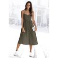 Sommerkleid LASCANA, Damen, Gr. 38, N-Gr, grün (khaki), Web, Obermaterial: 58% Viskose, 28% Baumwolle, 14% Leinen, unifarben, modisch, figurumspielend Midi, V-Ausschnitt, ohne Ärmel, Kleider, aus Leinenmix mit Baumwolle, Midikleid, Strandkleid,...