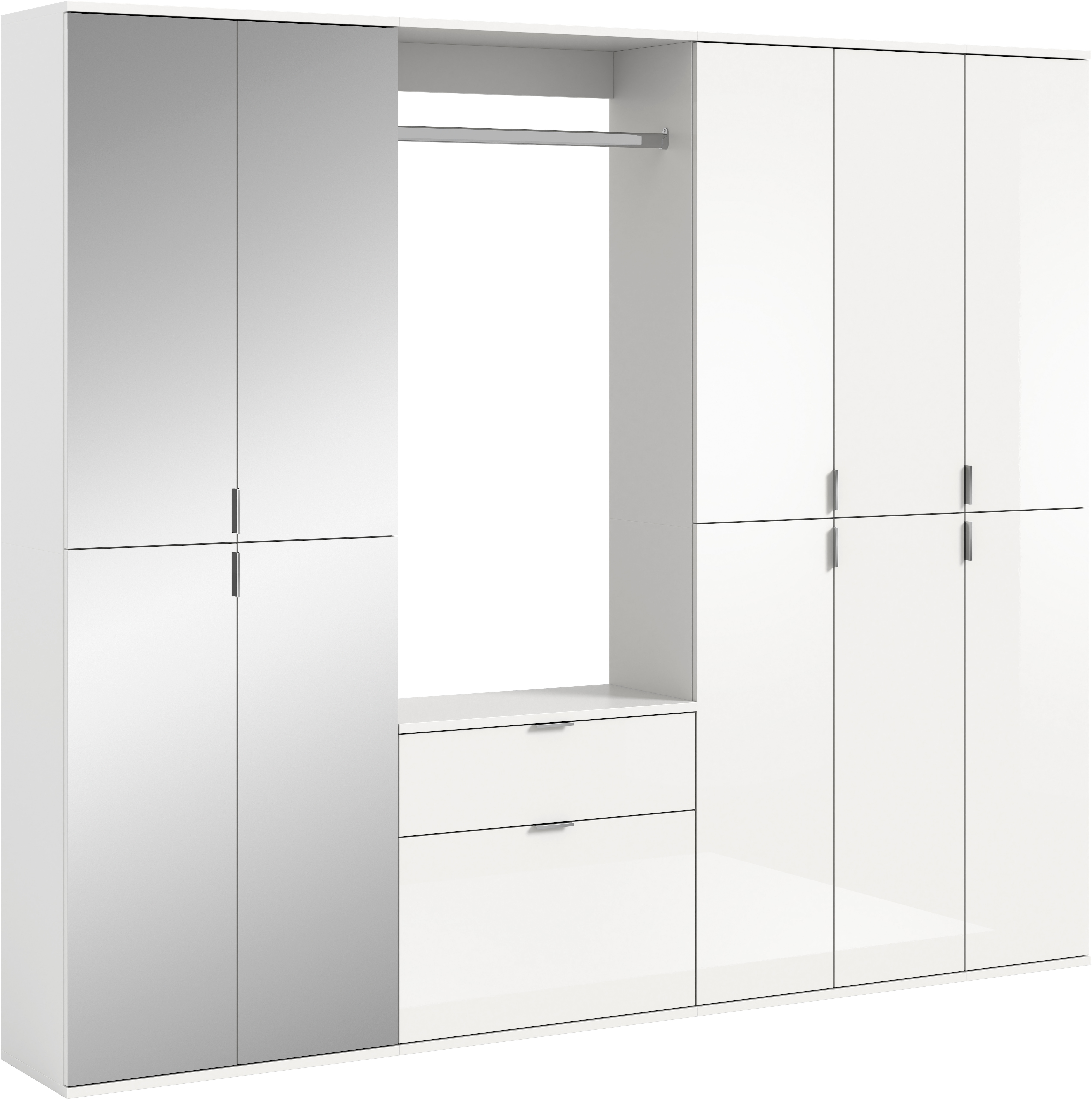 Garderoben-Set INOSIGN "Trondheim, Breite 213 cm, 6-teilig, bestehend aus:", weiß (weiß nb, weiß hochglanz, spiegelglas), B:213cm H:193cm T:34cm, Kastenmöbel-Sets, 3x Garderobenschrank, 1 Kommode, 1 Garderobenstange, 1 Ablageboden, Topseller