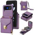 ELEHOLD Crossbody Wallet Case for Samsung Galaxy Z Flip 3 Premium Leather Case with Card Holders Zipper Pocket Metal Snap Detachable Shoulder Strap Luxury Full Body Protection Case for Women Purple