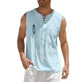 iOPQO tank tops men Male Spring And Summer Tops Casual Sports Sleeveless Top Cotton Linen Vest Painting Fitness Muscle Tank Top mens tank top Light blue + XL