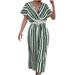 Wycnly Womens Jumpsuits Loose Baggy Lightweight Comfy Long Jumpsuits Overalls with Pocket Trendy Striped Print V-Neck Short Sleeve Maxi Summer Rompers Green l
