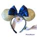 Disney Accessories | Disney World 50th Anniversary Gold Sequin Blue Satin Bow Disneyland Ears New | Color: Blue/Gold/Tan | Size: Os