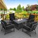 Latitude Run® Jadaine Luxury 5 Piece Aluminum Outdoor Complete Patio Set w/ Fire Pit Table & Cushions Metal/Rust - Resistant Metal in Black | Wayfair