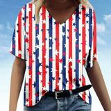 Jsaierl Independence Day Tops for Women Plus Size Elegant Short Sleeve T-shirts Patriotic American Flag Print Tees Dressy V Neck Blouses Shirts