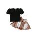 Qtinghua Toddler Baby Girls Summer Clothes Short Puff Sleeve Shirt Tops+Plaids Print A-Lined Dress Set Black 3-4 Years