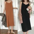 Robe longue en Satin marron Sexy pour femmes dos nu bretelles Spaghetti vêtements de maison