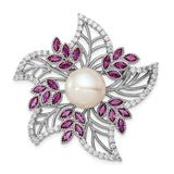 925 Sterling Silver Rh10 11mm White Freshwater Cultured Pearl CZ Cubic Zirconia Simulated Diamond Pink Corundum Pin Jewe