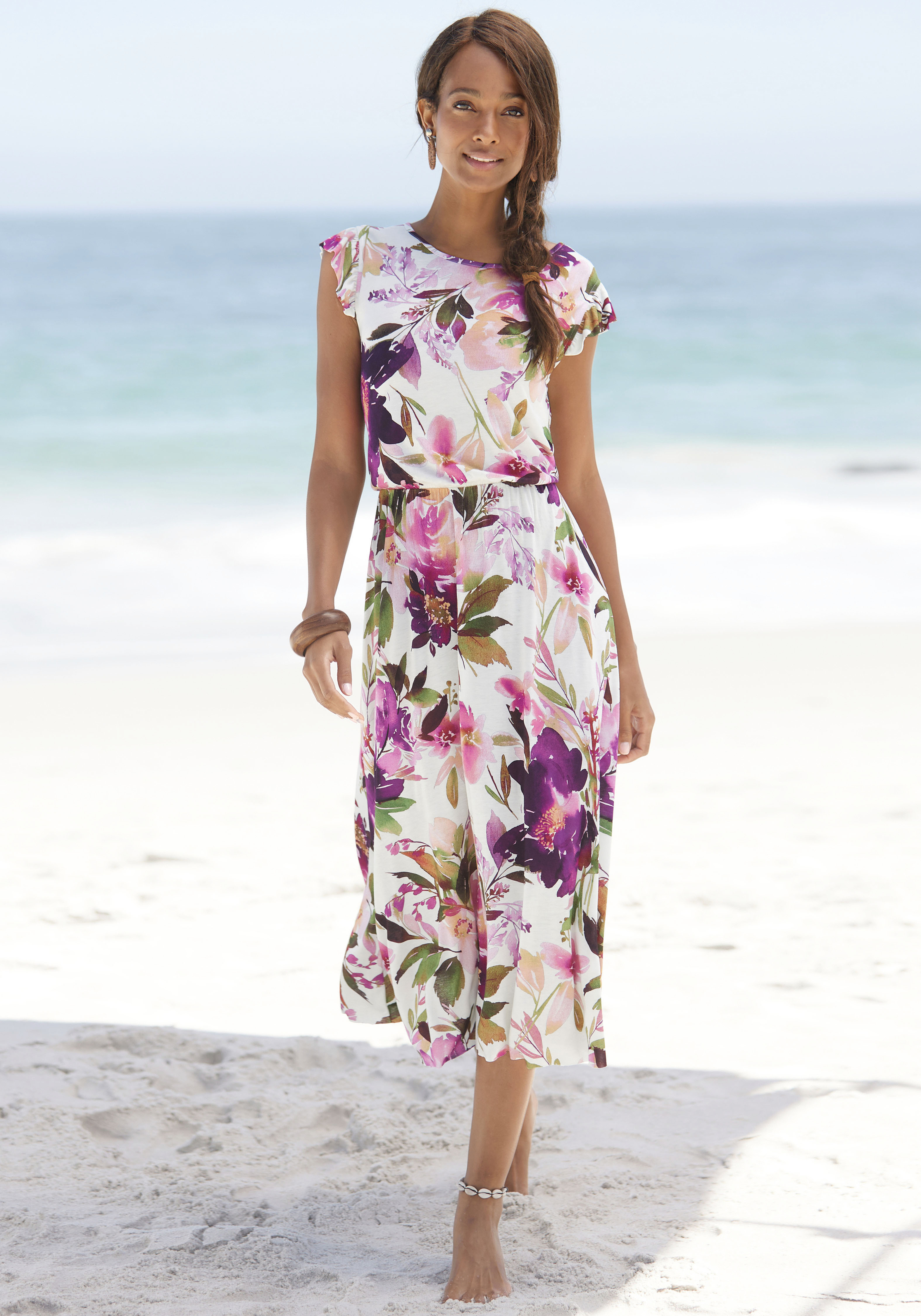 Midikleid BEACHTIME, Damen, Gr. 36, N-Gr, weiß (weiß bedruckt), Jersey, Obermaterial: 100% Viskose, bedruckt, figurumspielend ca. Mitte Wade, Rundhals, Kleider, mit Blumendruck und Gummizug, Sommerkleid, Strandkleid Image