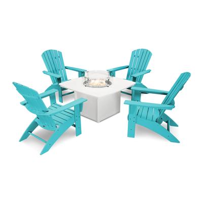 POLYWOOD Nautical Curveback Adirondack 5-Piece Conversation Set with Fire Table