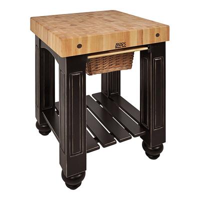 John Boos & Co. CU-GB25-BK 25" x 24" Black Maple Gathering Block with Undershelf and Wicker Basket