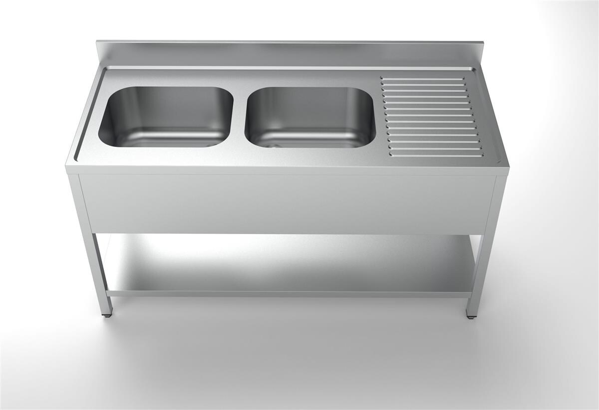 Edelstahl Spültisch PRO mit Grundboden 160 x 70 cm - 2 Becken links Image