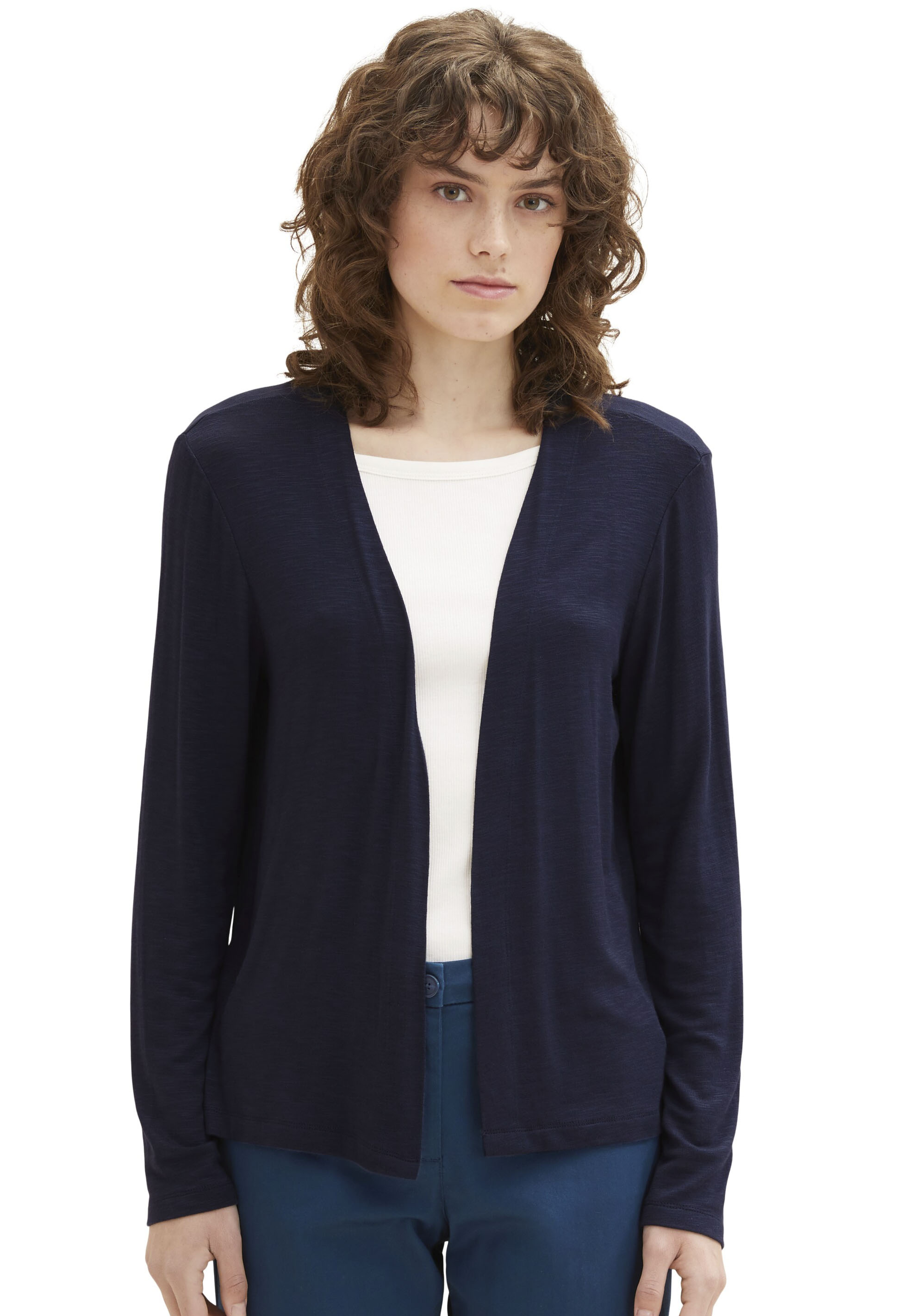 Cardigan TOM TAILOR, Damen, Gr. M (38), blau (dunkelblau), Strick, Obermaterial: 98% Viskose, 2% Elasthan, unifarben, lässig geschnitten hüftbedeckend, Rundhals, Strickjacken, ohne Verschluss