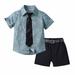 Efsteb Baby Boy Clothes Clearance Summer Kids Infants Toddler Baby Boys Clothes Sets Casual Fashion Print Short Sleeve Lapel Shirt Solid Color Shorts Suit With Belt Tie Black (5-6 Years)