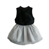 B91xZ Girls Outfits Sleeveless Clothing Kids Outfits Baby T-shirt+Stripe Set Blouse Girl Skirt Short Girls Outfits&Set Black