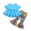 B91xZ Girls Clothes Sets Toddler Girls Short Sleeve Ruffles T Shirt Pullover Tops Cartoon Cow Printed Bell Bottoms Pants Kids Blue Sizes 3-4 Years