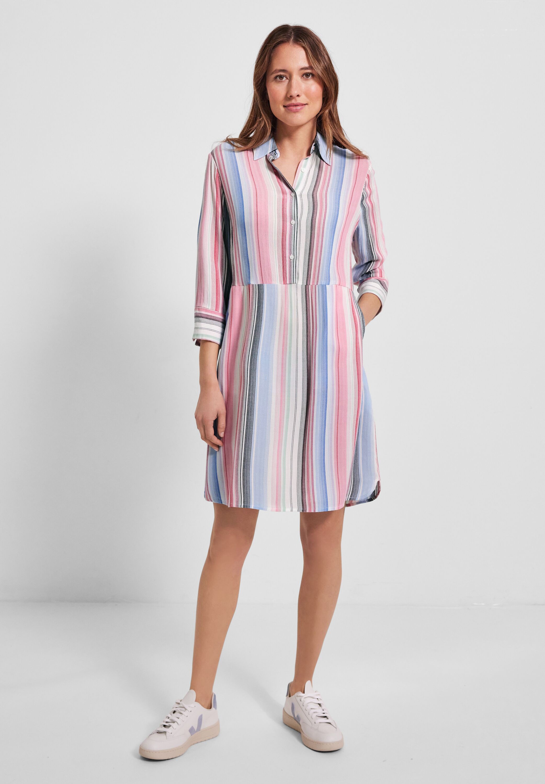 Blusenkleid CECIL Gr. L (42), US-Größen, weiß (vanilla white) Damen Kleider Freizeitkleider mit Streifen Muster