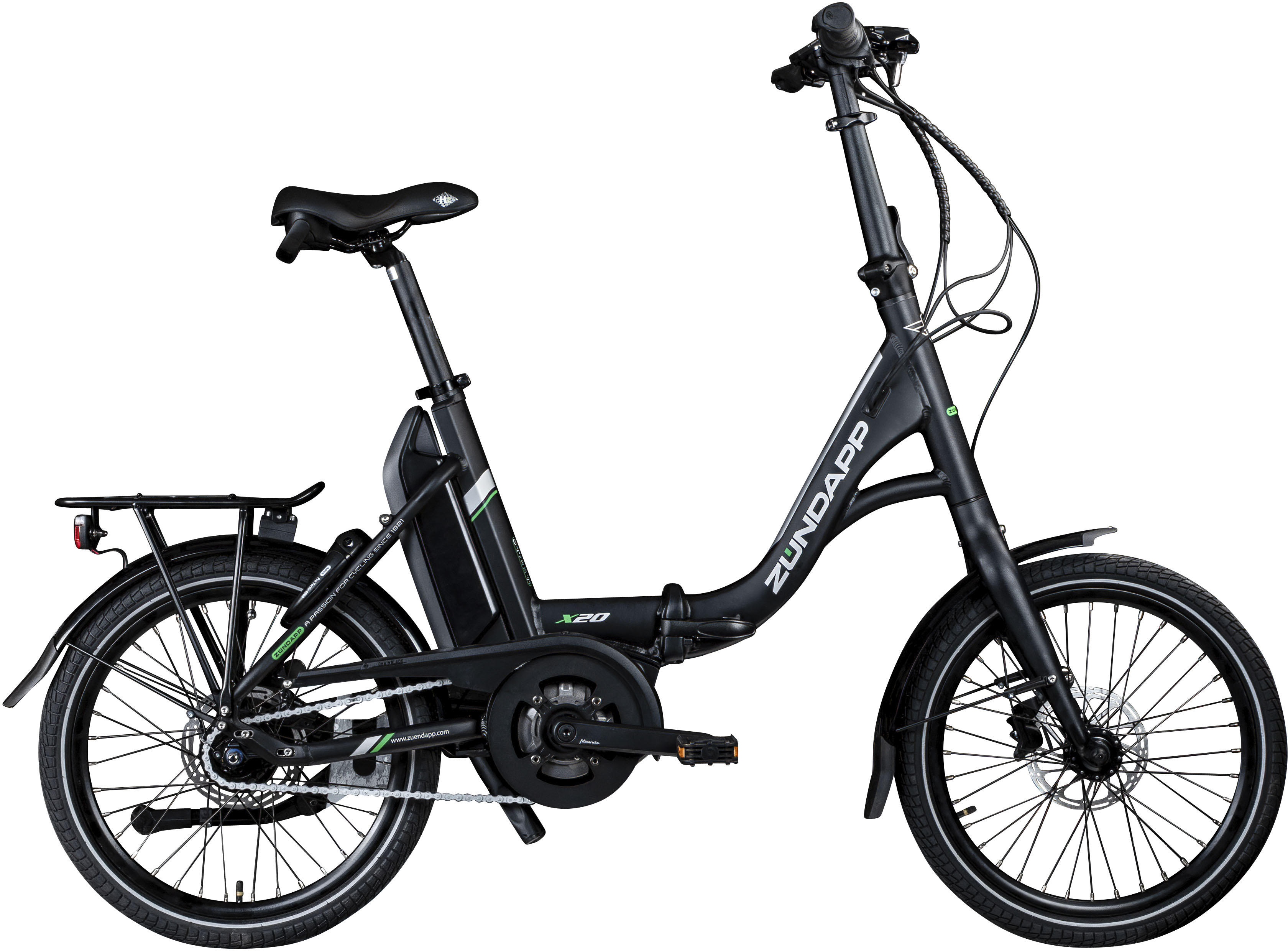 E-Bike ZÜNDAPP "X20" Gr. 45, schwarz (schwarz, grün), Elektrofahrräder, 45cm, 20 Zoll (50,80cm), Pedelec, Elektrofahrrad für Damen u. Herren Image