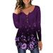 Yohome Fashion Womens Round Neck Printed Buttons Long Sleeve Asymmetric