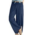 RYRJJ Womens Cotton Linen Wide Leg Palazzo Pants Summer Casual Smocked Elastic Waisted Pants Baggy Beach Trousers with Pocket(Navy XL)