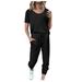 Women s 2 Piece Outfits Casual Summer Crewneck Short Sleeve Tops and Drawstring Long Pants Lounge Sets Tracksuit