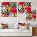 DESIGN ART Designart Red And Yellow Tropical Flowers On Black And White Patterned Canvas Wall Art Print 16 in. wide x 16 in. high