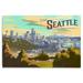 Seattle Washington Visit Seattle Skyline Oil Painting Birch Wood Wall Sign (12x18 Rustic Home Decor Ready to Hang Art)