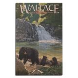 Wallace Idaho Black Bear Family and Waterfall Birch Wood Wall Sign (12x18 Rustic Home Decor Ready to Hang Art)