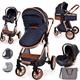 Baby Pram Pushchair Buggy with Car Seat Lightweight Stroller Folding Strollers 3 in1 Travel System Baby Trolley Baby Pram for Newborns Toddlers 0-36 Months from Birth (Blue Denim - Rose Gold Frame)