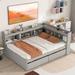 Full Size Storage Daybed Wood Platform Bed with L-Shaped Bookcase and 2 Drawers, Gray