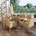 7 Piece Patio Furniture Dining Set, Outdoor Garden PE Rattan Wicker Dining Table Set,Wood Tabletop, Armrest Chairs with Cushions