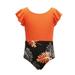 B91xZ Baby Swimsuit Girl Teen Kids Girls Swimsuits OnePiece Kids Black Swimsuits Chest Pads Girl Sun Ruffler Sleeves Floral Orange Sizes 4-5 Years