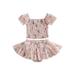 Toddler Baby Girls Summer Clothes Outfits Floral Print Off Shoulder Short Sleeve Ruched T-shirts+Ruffles Shorts Skirts 2Pcs Suit