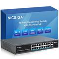 NICGIGA 18 Port Gigabit PoE Switch with 16 Ports 1000Mbps PoE+@250W, 2 Gigabit Uplink Ports, VLAN Mode, Sturdy Metal Case and Desktop/19 inch RackMount, Plug and Play, Unmanaged…