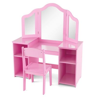 Costway Kids Vanity Table and Chair Set with Removable Tri-Folding Mirror-Pink