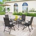 PHI VILLA 5-Piece Square Steel Table & Textilene Reclining Folding Sling Chair Patio Dining Sets Table A- Black chair