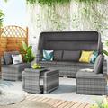 5 Pieces Outdoor Daybed Patio PE Rattan Daybed with Retractable Canopy Sectional Seating Sofa Set with Side Table and Cushions Outdoor Conversation Set for Patio Poolside Backyard Garden K3536