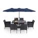 7/8 Pieces Outdoor Patio Dining Set 6 PE Rattan Chairs with Cushions and 1 Rectangle Metal Table Crescent Chairs+Navy Umbrella