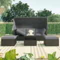 Outdoor Patio Furniture Sunbed with Retractable Canopy PE Wicker Rattan Rectangle Sectional Sofa Set Clamshell Sectional Seating with Washable Cushions for Lawn Garden Backyard Poolside Gray