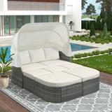 Patio Sectional Daybed Outdoor Wicker Furniture Set with Retractable Canopy Sectional Sofa Set w/Height Adjustable Table & Cushions for Patio Deck Poolside Garden Backyard