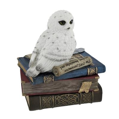 Wise Snow Owl Resting On Scholars Books Trinket Box - 4.5 X 4 X 3 inches