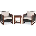 Costway 3 Pieces Patio Wicker Furniture Set with Washable Cushion and Acacia Wood Coffee Table-Beige