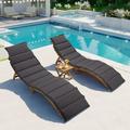 3-Piece Patio Chaise Lounge Set Outdoor Patio Wood Portable Extended Chaise Lounge Chair with Foldable Tea Table and Cushion Sunbathing Lounger Bed for Poolside Garden Balcony Gray