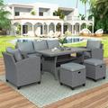 6-Piece Patio Outdoor Rattan Wicker Set Dining Table Set All Weather PE Wicker Rattan Outdoor Sectional Sofa Couch Conversation Set with Table for Lawn Garden Backyard Grey