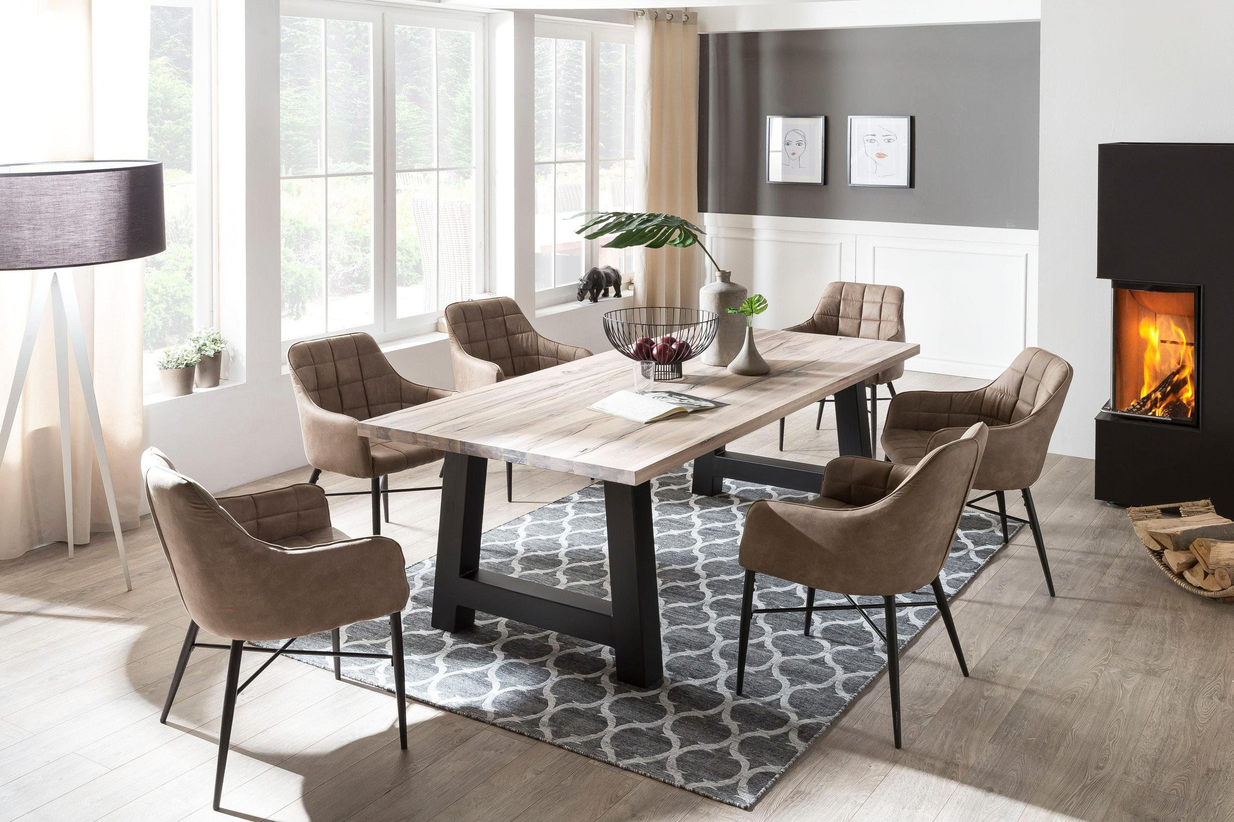 Esstisch HOME AFFAIRE "New York", weiß (weiß gekälkt), B:240cm H:77cm T:100cm, Tische, Esstisch, Balkeneiche massiv mit ausdrucksstarker Holzoptik