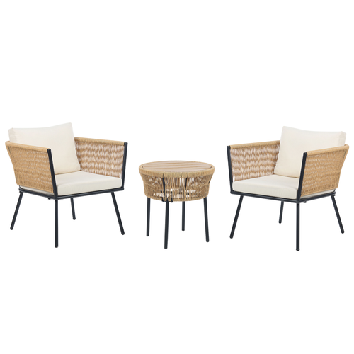 Balkonset Natürlich Rattan 2 Stühle 1 Couchtisch Sitzkissen Rückenkissen Hellbeige Stahlgestell Schwarz Gartenmöbelset Terasse Balkon Grtenmöbel