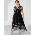 Robe longue florale en mousseline de soie grande taille décontractée à volants col en V manches