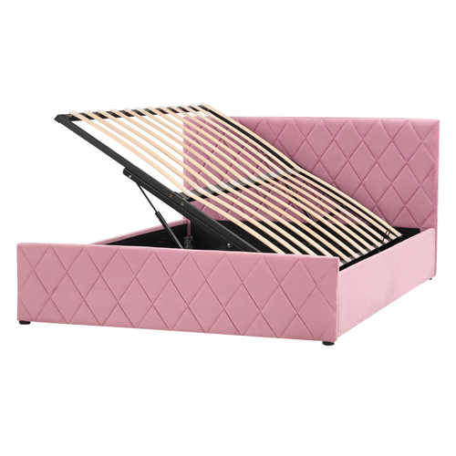 Bett Rosa Samtstoff mit Lattenrost 140 x 200 cm Kopfteil Bettkasten Hochklappbar Modern Glamourös Doppelbett Schlafzimmer Möbel Ausstattung