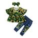 Mikrdoo Baby Girls Outfits Camouflage Print For Fall Pagoda Sleeve Tops 0 Months Baby Girls Ripped Jeans Pants 3 Months Baby Girls Headband 3PCS Clothes Set Green