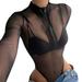 Women s Jumpsuits Rompers & Overalls New Black Mesh See Through Zipper Long Sleeved Bodysuit Jumpers for Women