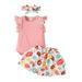 Baby Girl Clothes Suits Solid Color Crew Neck Lace Fly Sleeve Romper Leopard/Donut Print Ruffles Skirts Headband 3Pcs